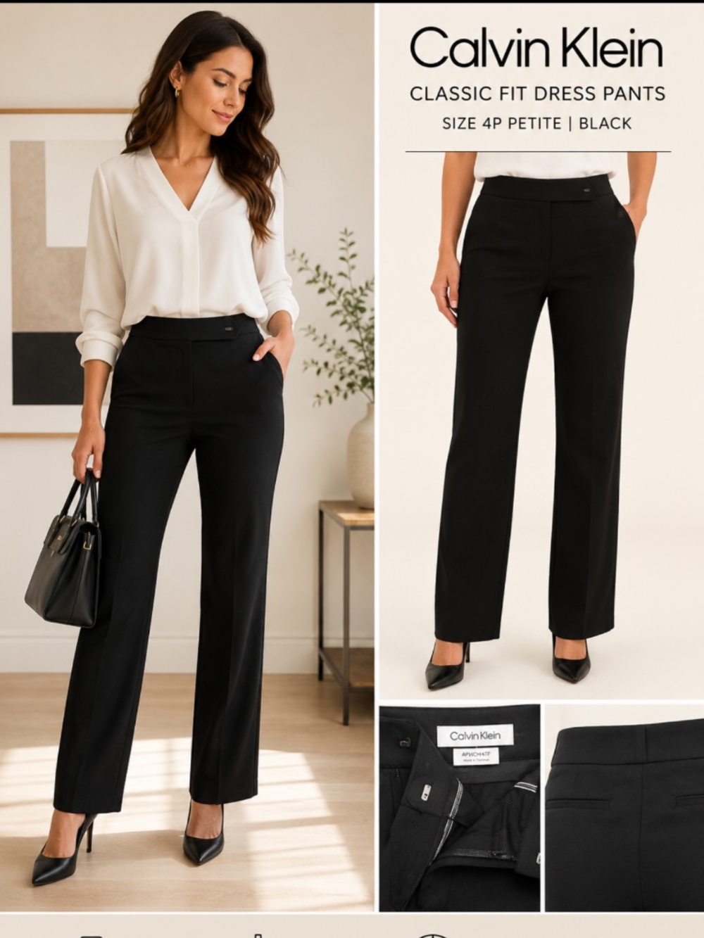 Calvin Klein Classic Fit Black Dress Pants Size 4P Petite Career Office Trousers
